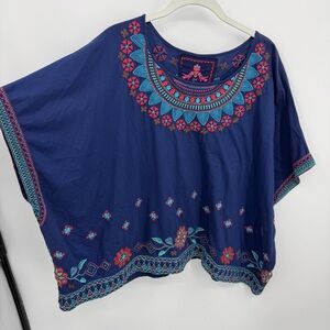 Johnny Was Boho floral Embroidered Poncho style Short Sleeve Blouse blue sz S